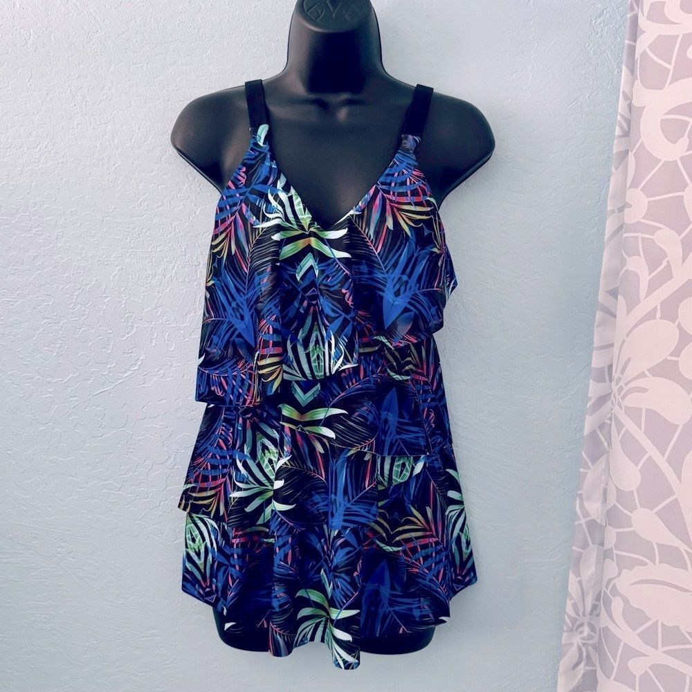 Tropical Leaf Print Ruffle Swimsuit